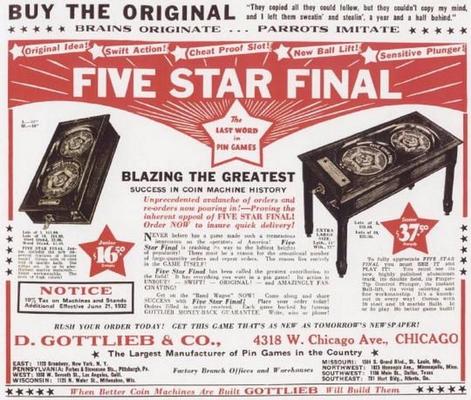 1932 Gottlieb Five Star Final Jr. Pinball Machine Image