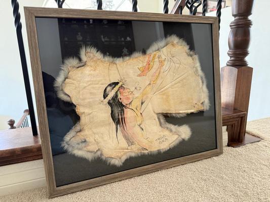 Original Signed Paha Ska Rabbit Skin Hide Painting