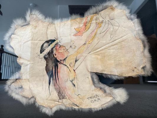 Original Signed Paha Ska Rabbit Skin Hide Painting Image