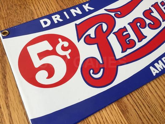 Original Vintage 5 Cents Double Dot Porcelain Pepsi Cola Sign Image