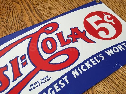 Original Vintage 5 Cents Double Dot Porcelain Pepsi Cola Sign Image