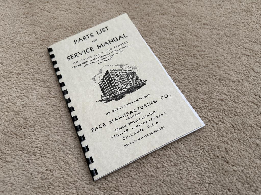 Pace Comet Slot Machine Front & Side Vender Parts & Service Owners Manual